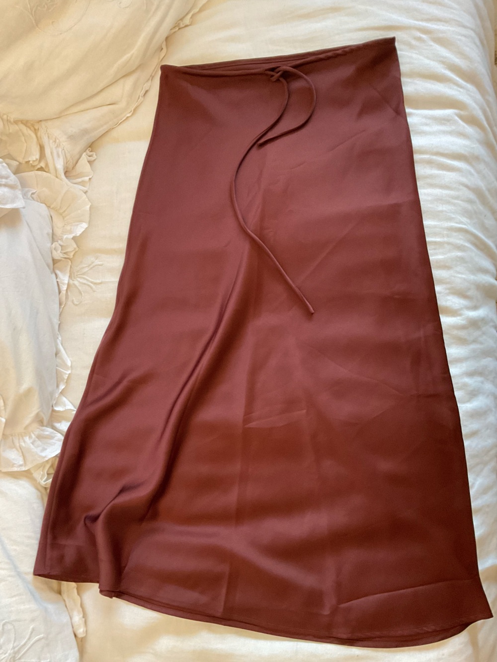 Satin Drawstring Waist Midi Skirt in Deep Brown